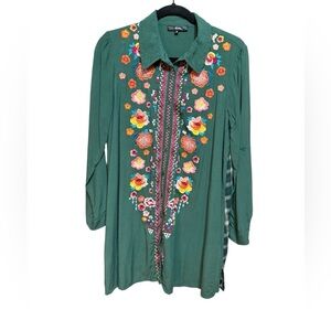 Bold Green Oversized Floral Embroidered Button-Down Artsy Indie Vibes Sz S Indie